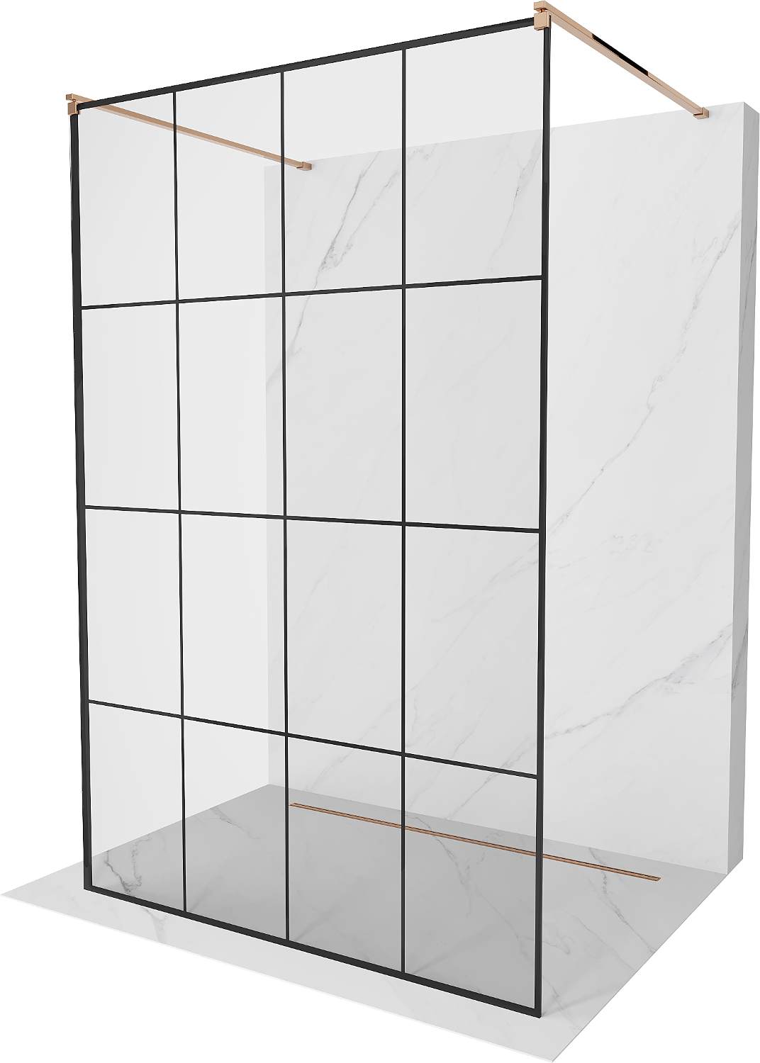 Mexen Kioto ścianka prysznicowa wolnostojąca 160 x 200 cm, czarna kratka 8 mm, różowe złoto - 800-160-002-60-77